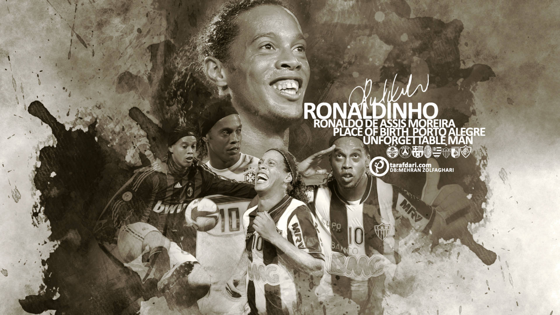 Ronaldinho, sepia-toned, collage, Full HD Desktop Wallpaper