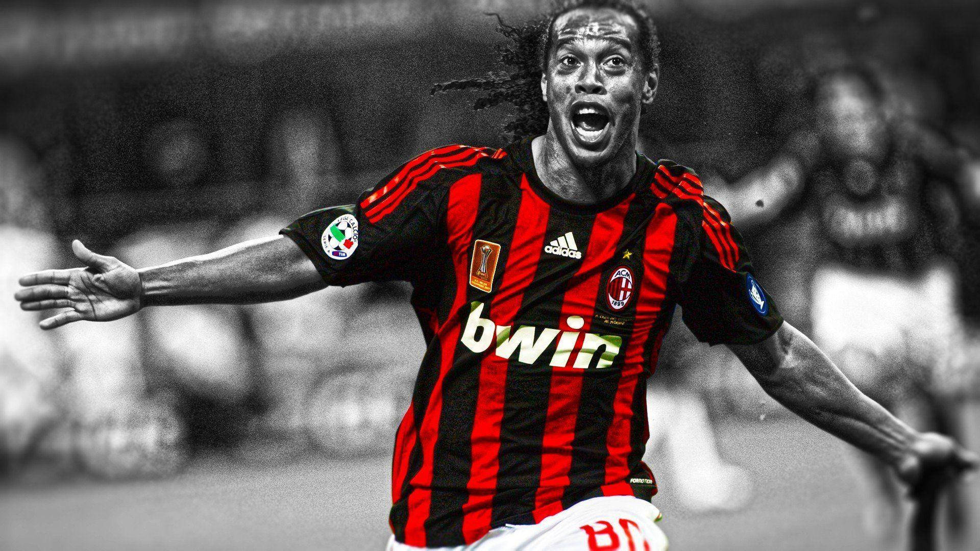 Ronaldinho, red and black striped jersey, stadium background, Full HD Desktop Wallpaper