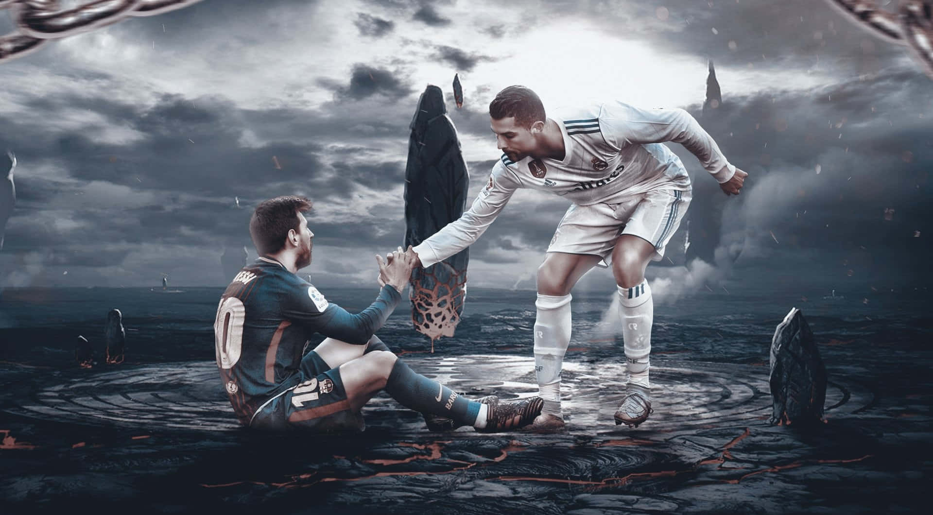 Ronaldo, Messi, stormy battlefield, Full HD Desktop Wallpaper