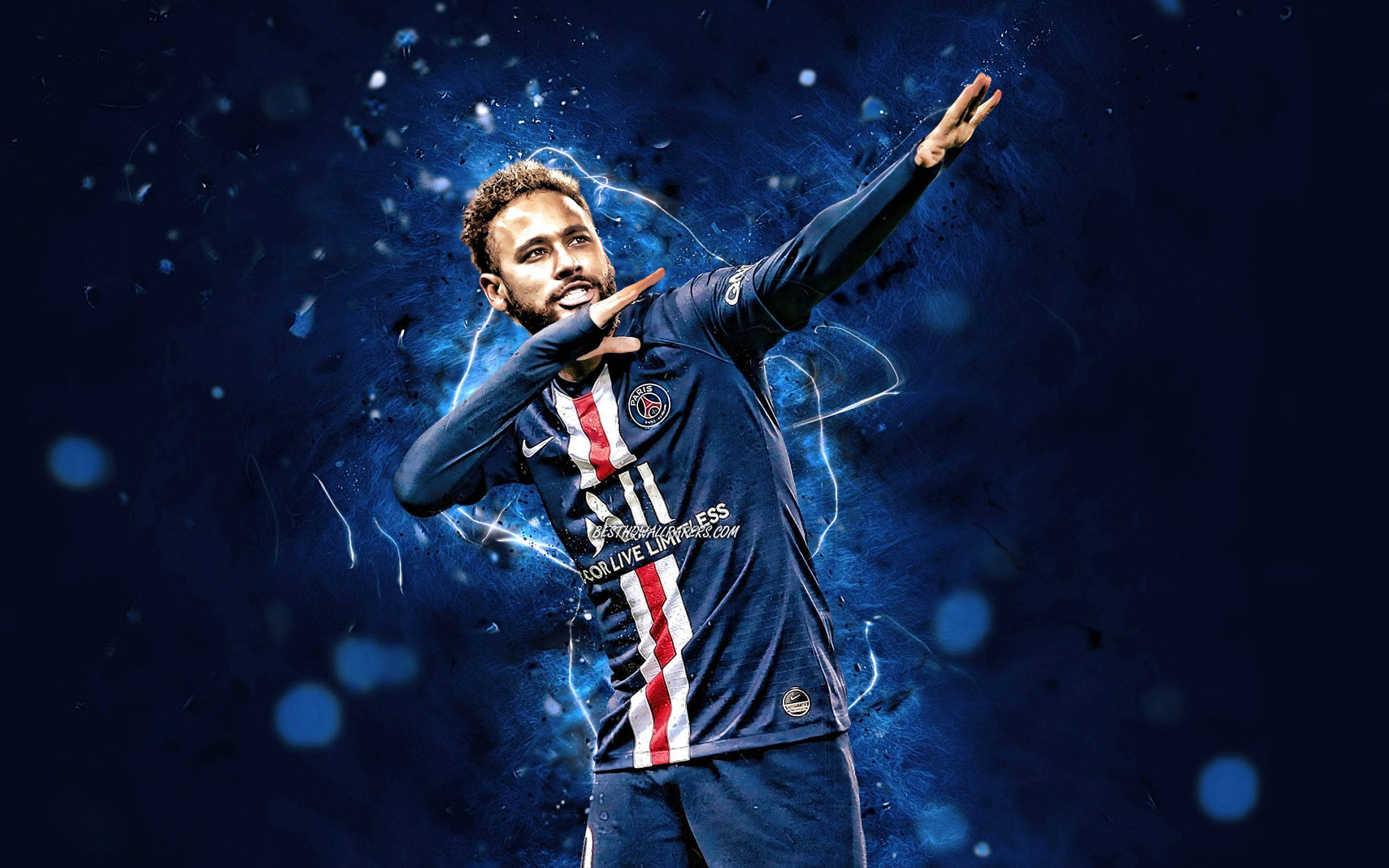 Neymar, full kit, dark blue electric energy burst background, 2K Desktop Wallpaper
