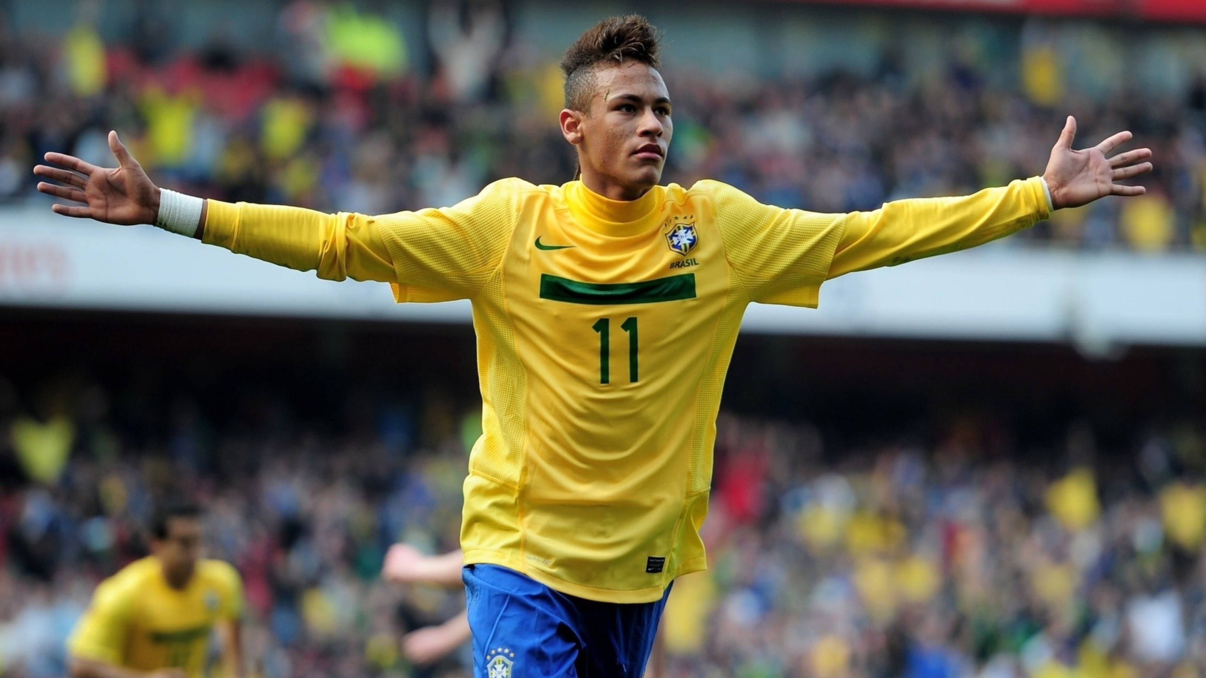 Neymar, yellow number 11 jersey, sunlit stadium field, 4K Desktop Wallpaper