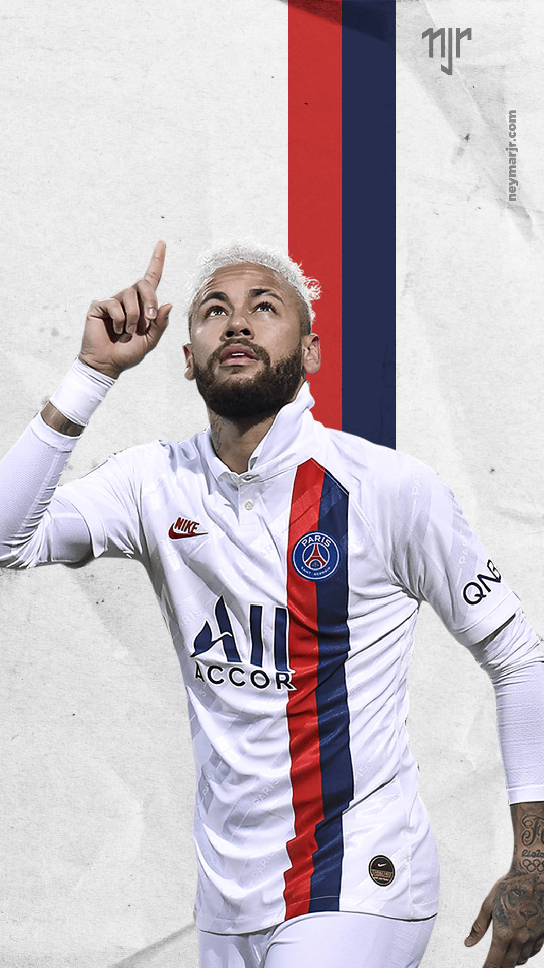 Neymar, white Paris Saint-Germain jersey, textured wall with red and blue stripes, Full HD Phone Wallpaper