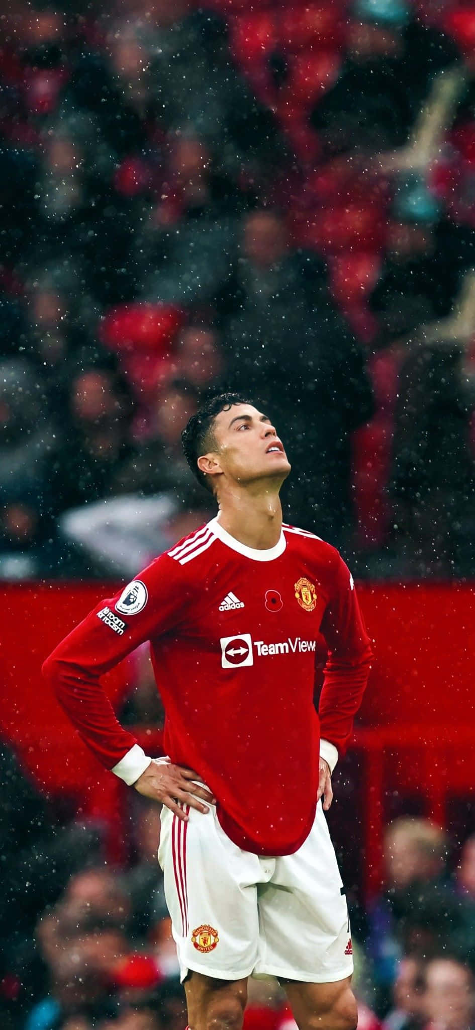 Ronaldo, red Manchester United kit, rain, Full HD Phone Wallpaper