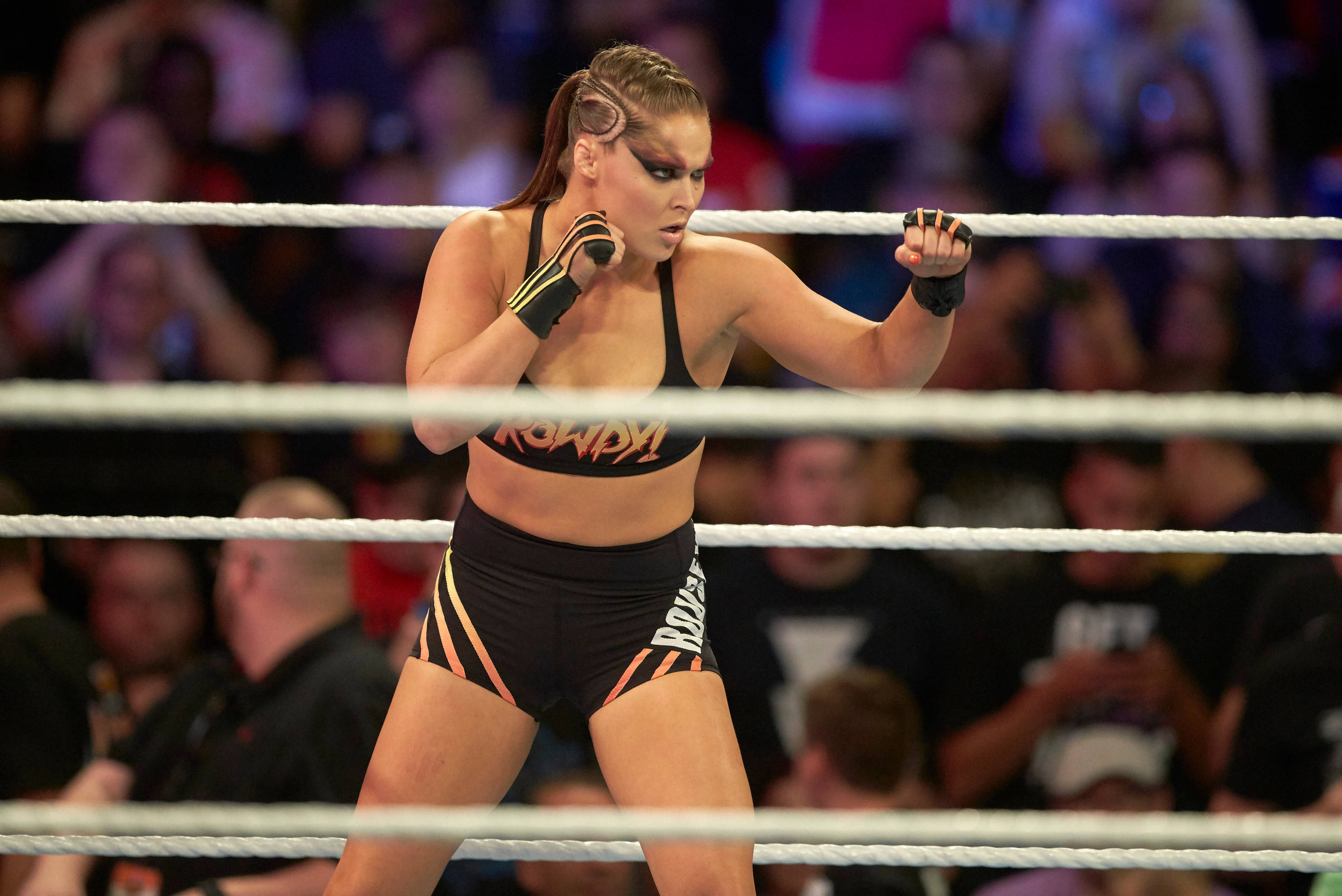 Ronda Rousey, black and orange gear, wrestling ring, 2K Desktop Wallpaper
