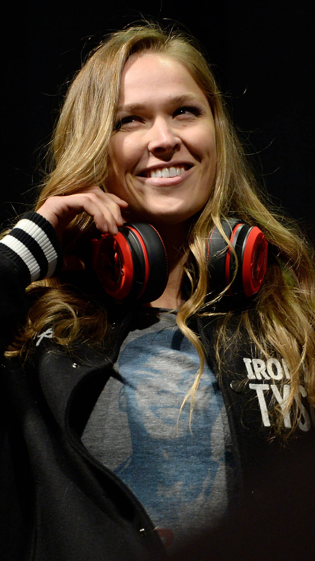 Ronda Rousey, red and black headphones, black jacket, Full HD Phone Wallpaper