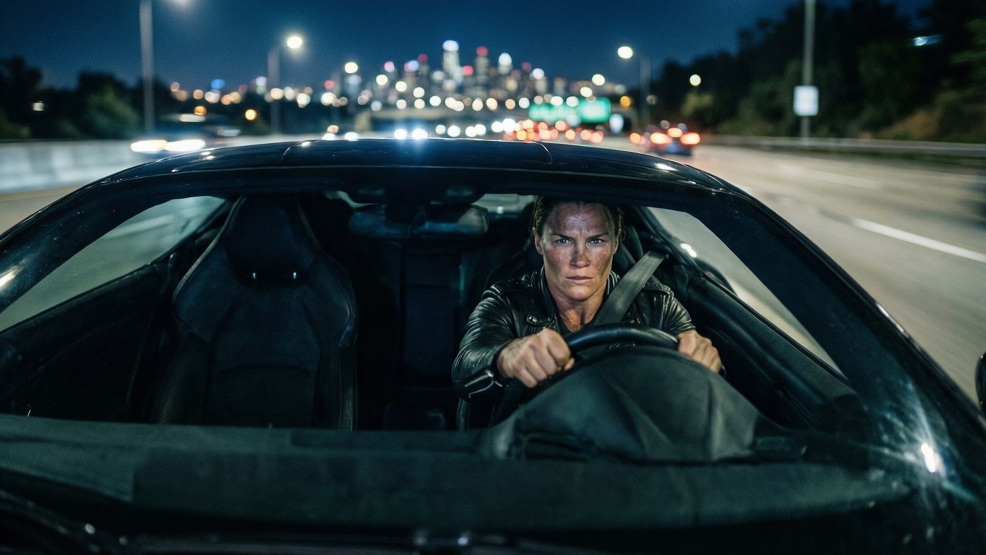 Ronda, black convertible, neon city lights, Full HD Desktop Wallpaper