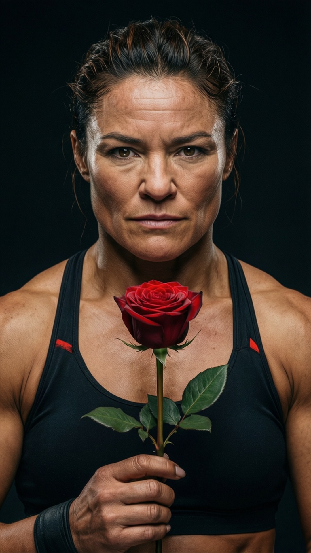 Ronda Rousey, black sports bra, red rose, Full HD Phone Wallpaper