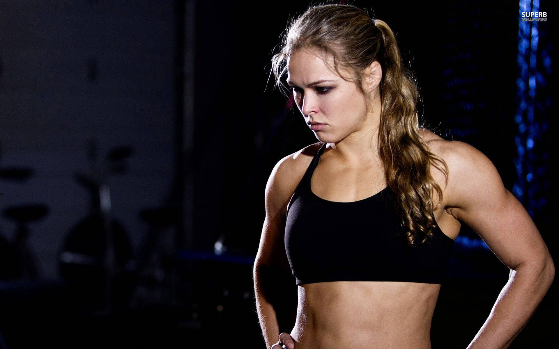 Ronda Rousey, black sports bra, dimly lit gym, Full HD Desktop Wallpaper