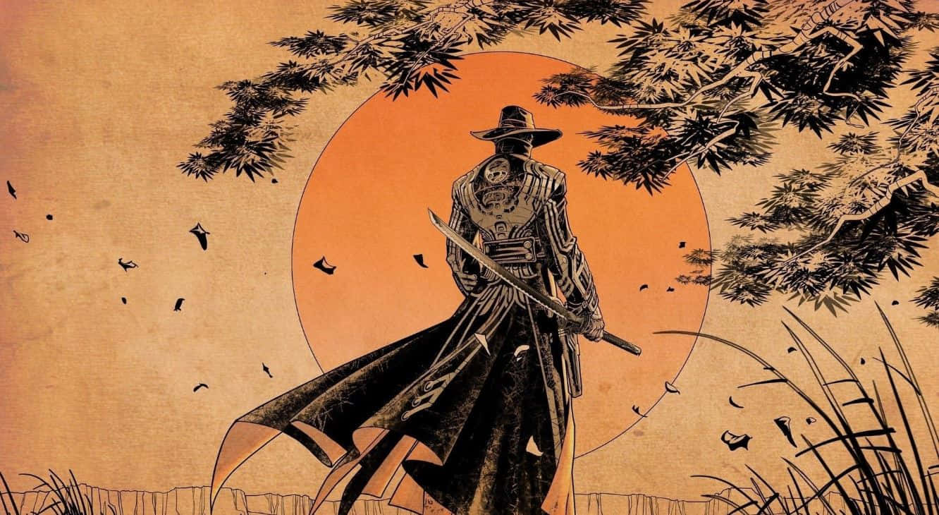 Ronin, dark robes, glowing orange sun, HD Desktop Wallpaper