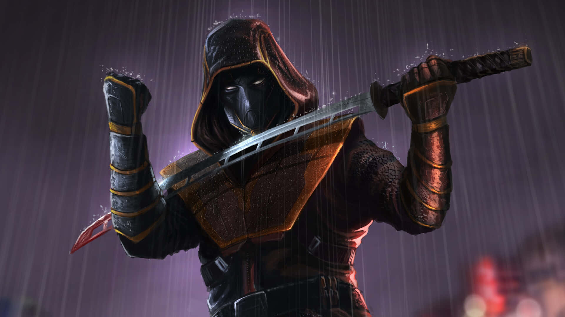 Ronin, katana, rain-soaked urban alley, Full HD Desktop Wallpaper