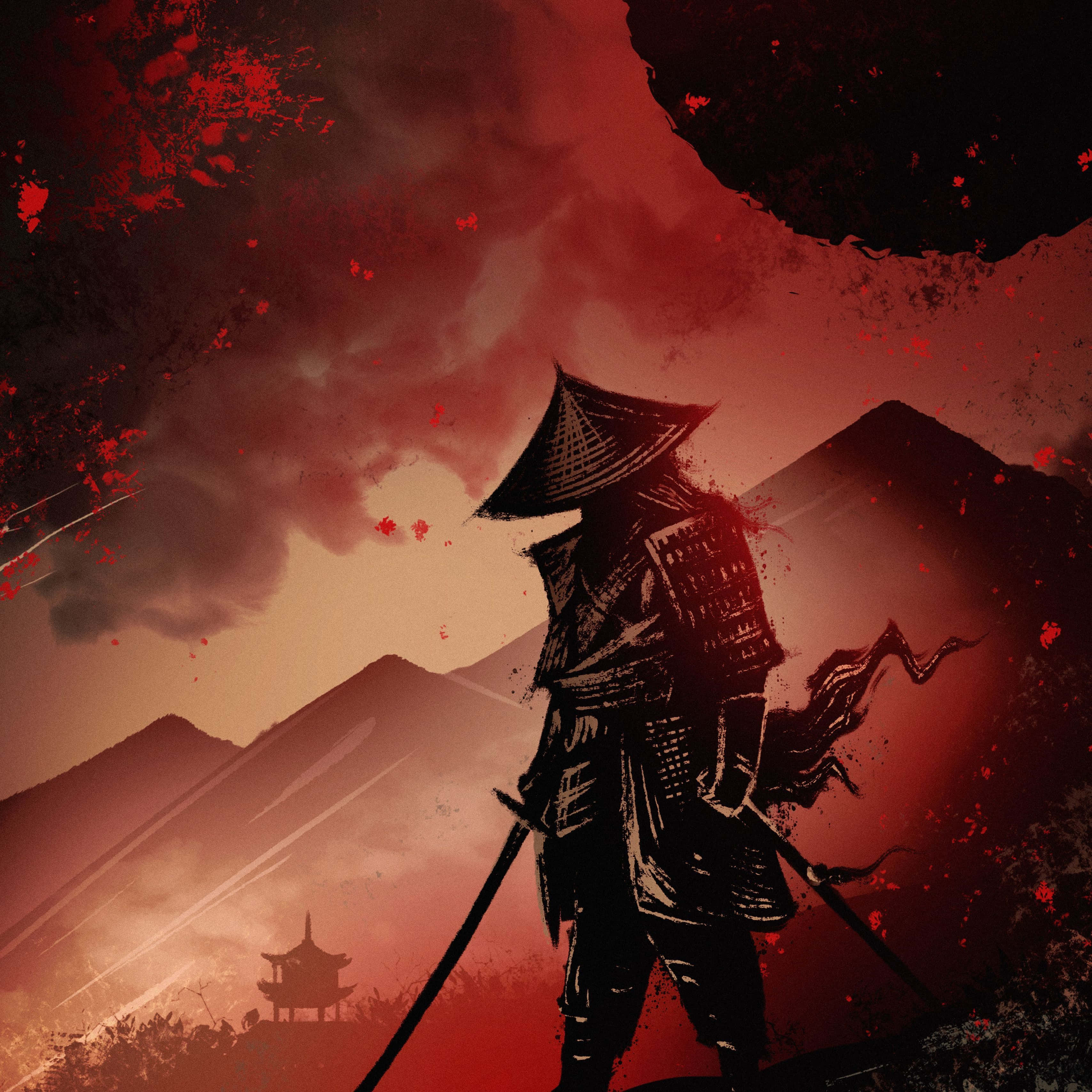 Ronin, blood-red sky, mountains, 2K Desktop Wallpaper