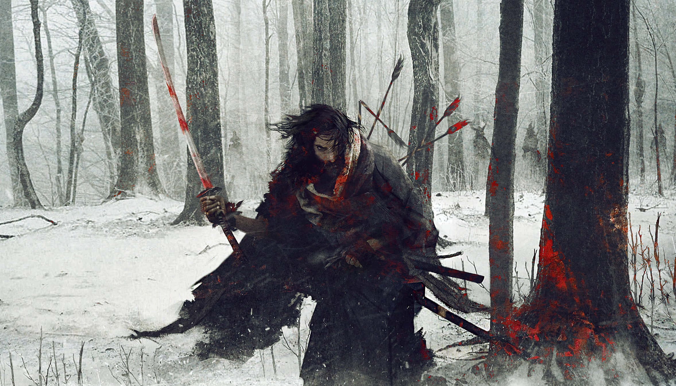 Ronin, samurai warrior, snowy forest, Full HD Desktop Wallpaper