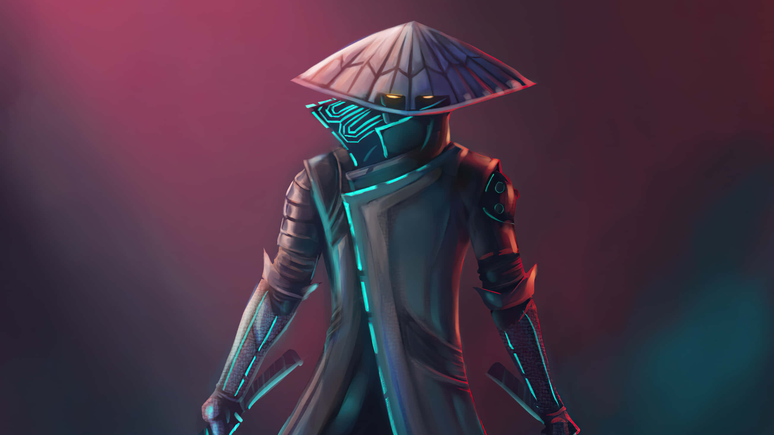 Ronin, glowing blue armored robe, traditional conical hat, 2K Desktop Wallpaper
