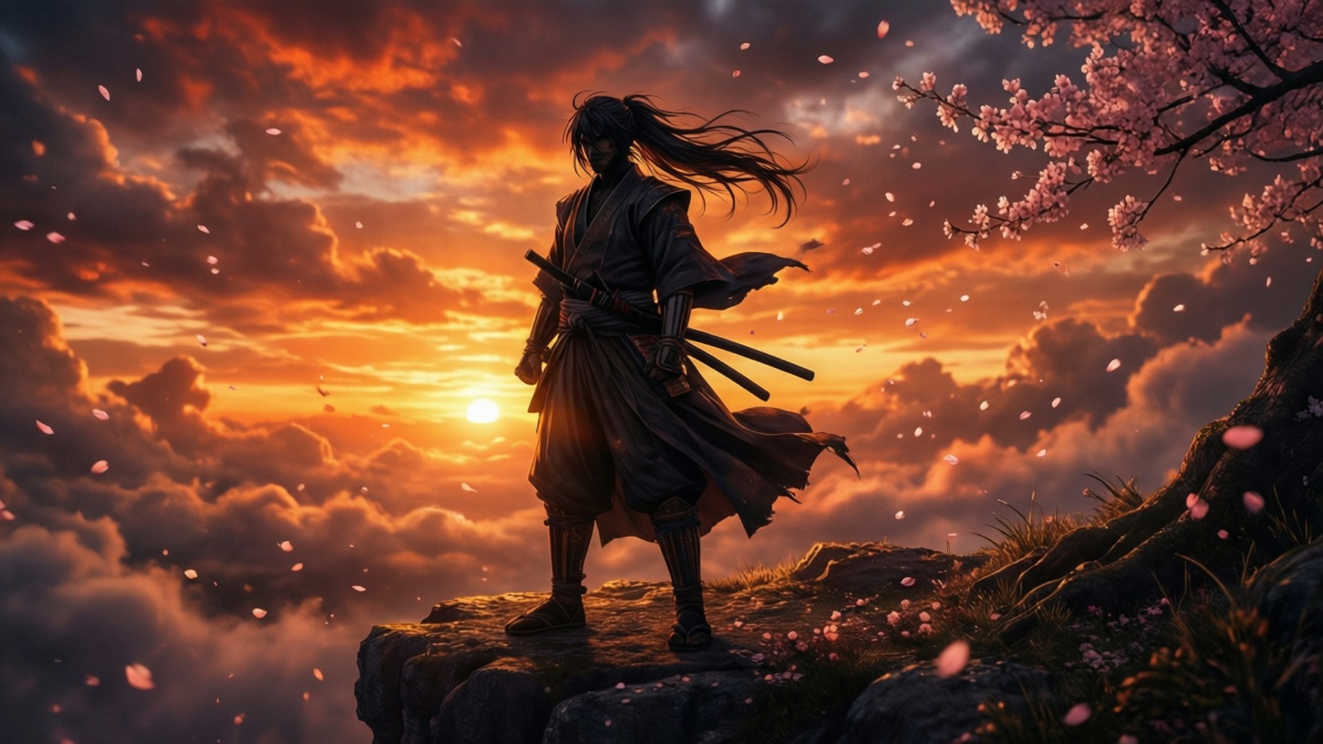 Ronin, sunset, cliff, Full HD Desktop Wallpaper