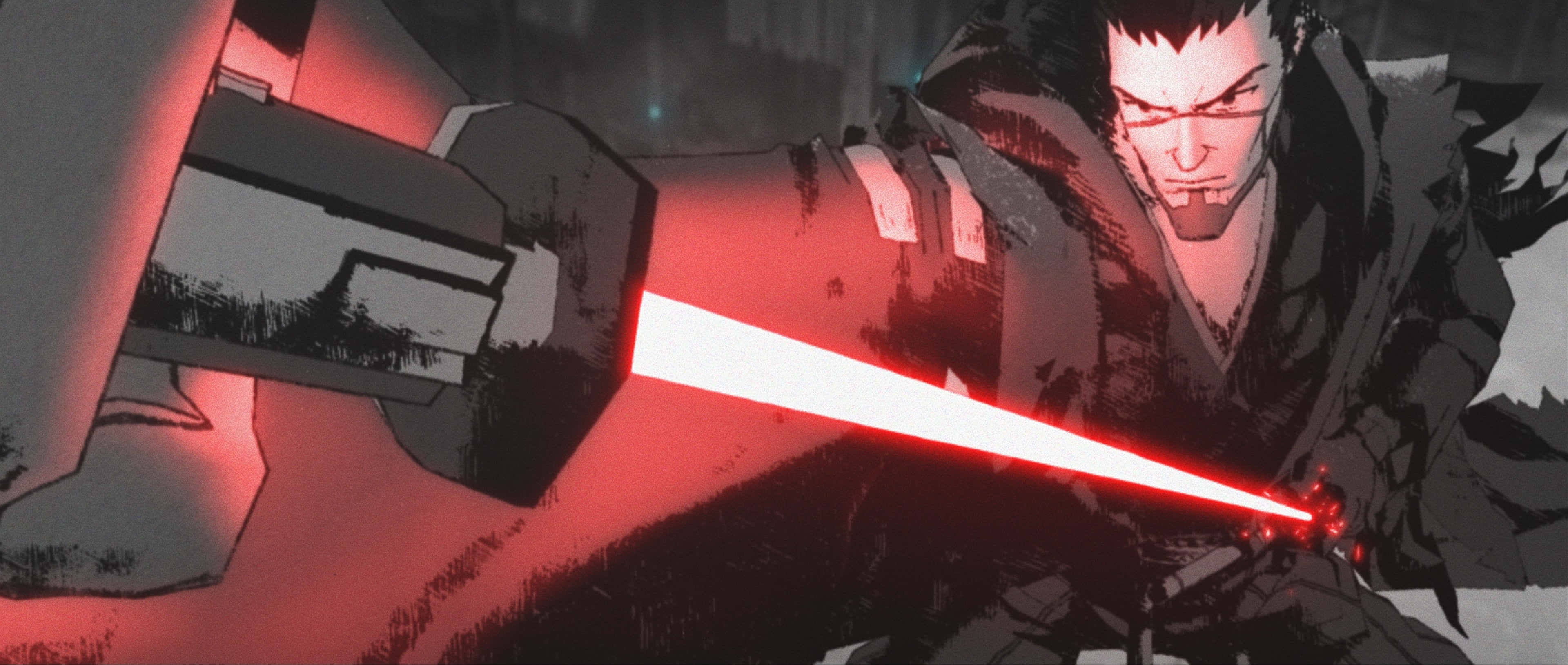 Ronin, glowing red lightsaber, dark smoky background, 4K Desktop Wallpaper