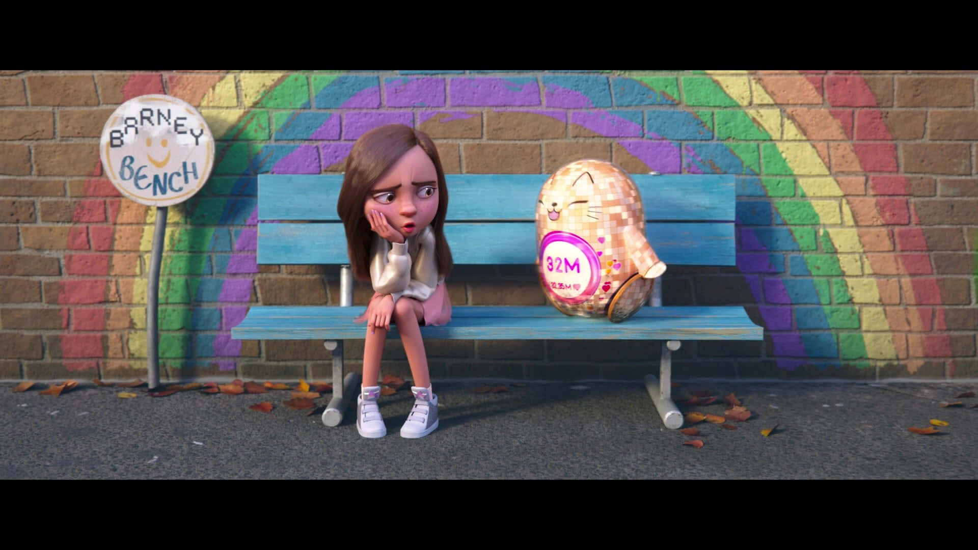Rons Gone Wrong, rainbow-painted brick wall, blue bench, Full HD Desktop Wallpaper