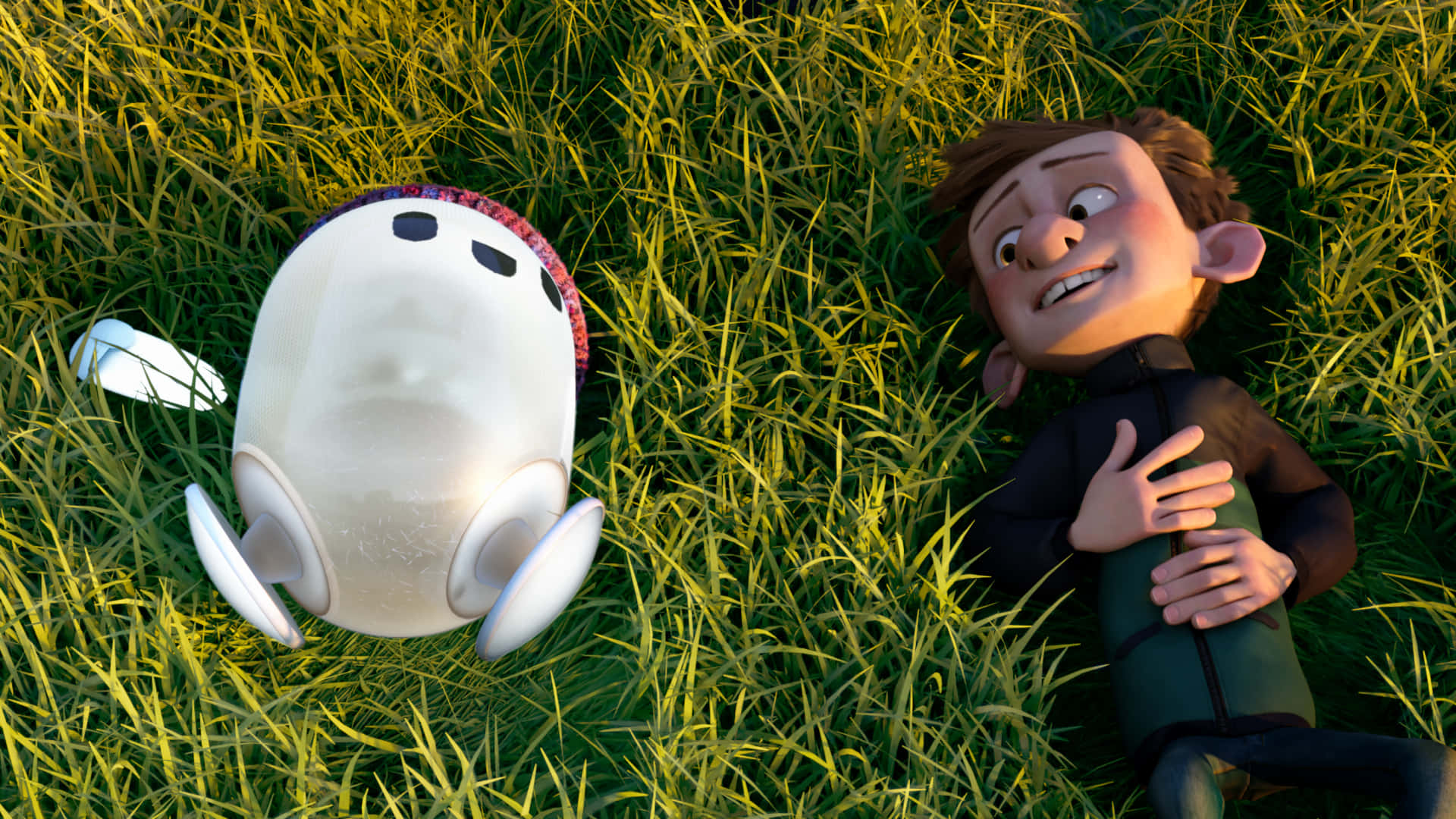 Rons Gone Wrong, white robot, sunlit green grass, Full HD Desktop Wallpaper