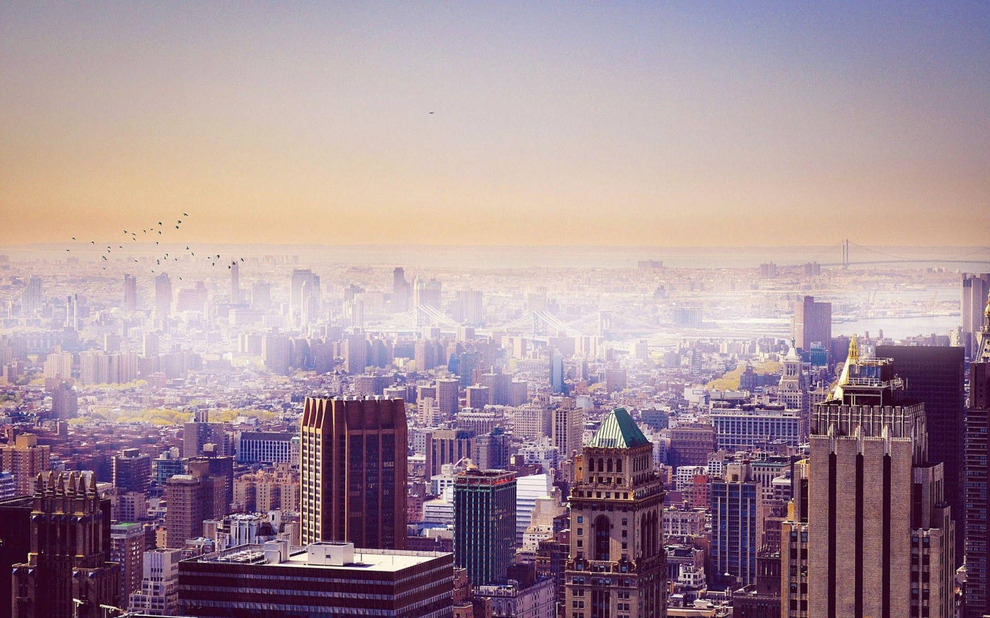 rooftop, city skyline, dawn, HD Desktop Wallpaper