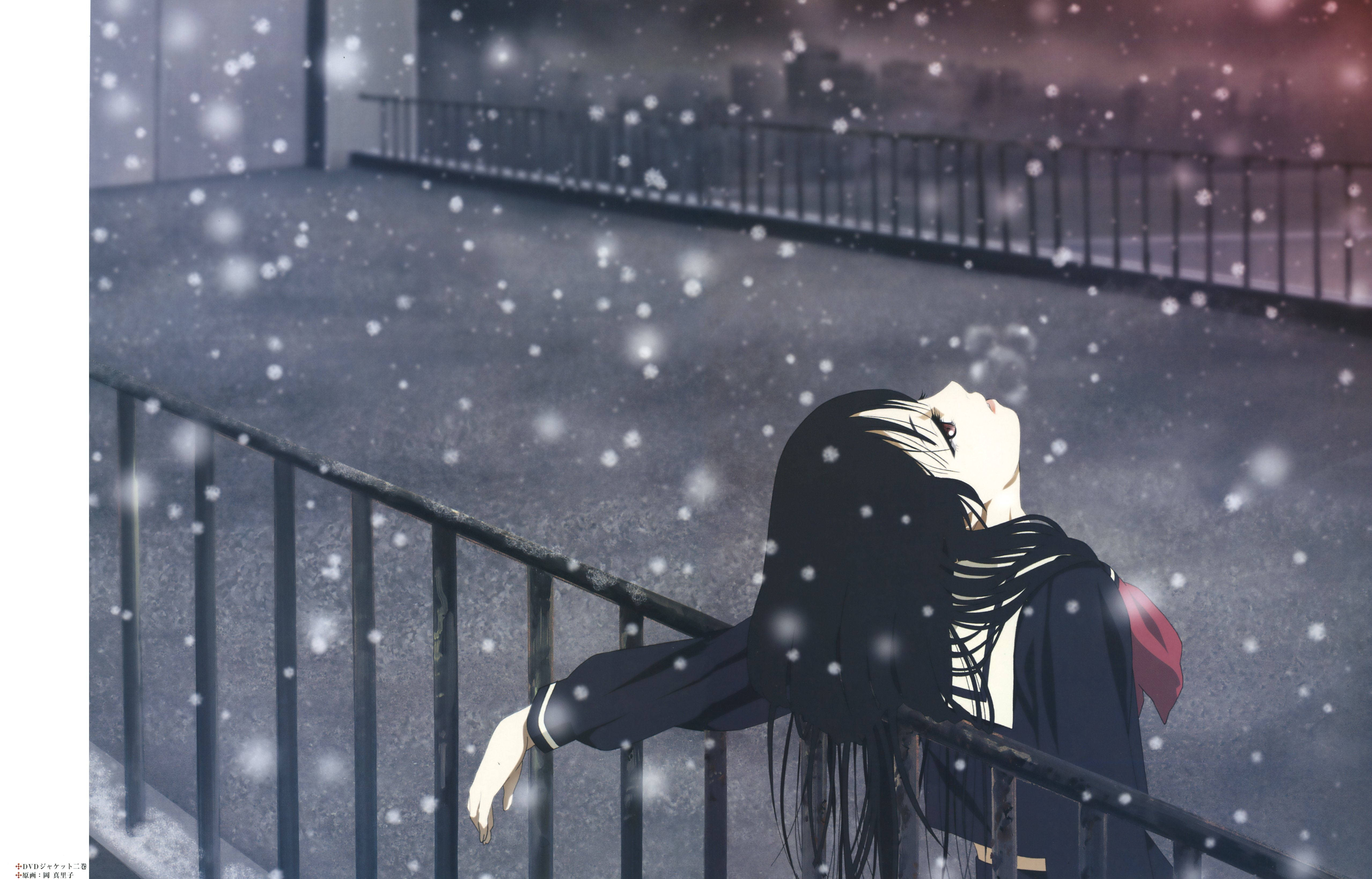 anime girl, long black hair, snowy rooftop, 4K Desktop Wallpaper