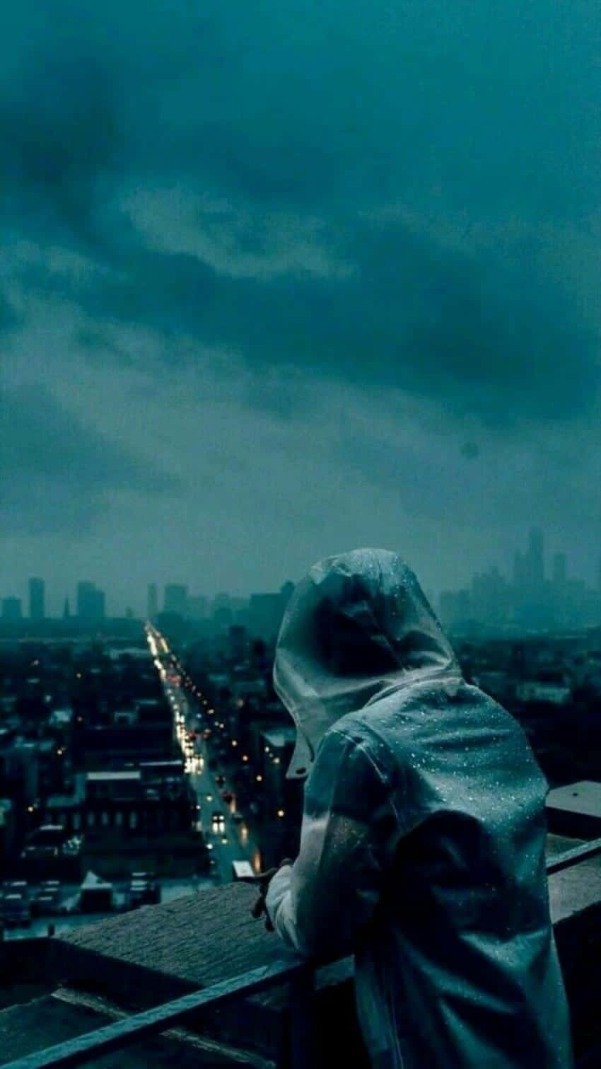 roof, hooded figure, rain-slicked cityscape, HD Phone Wallpaper