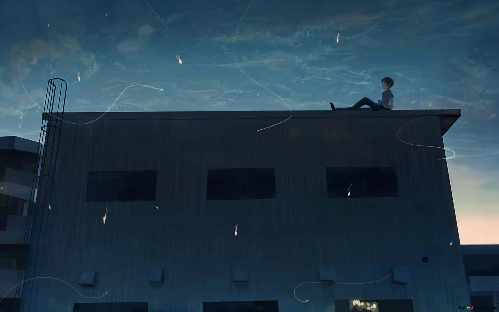 anime boy, building roof, dusk, HD Desktop Wallpaper