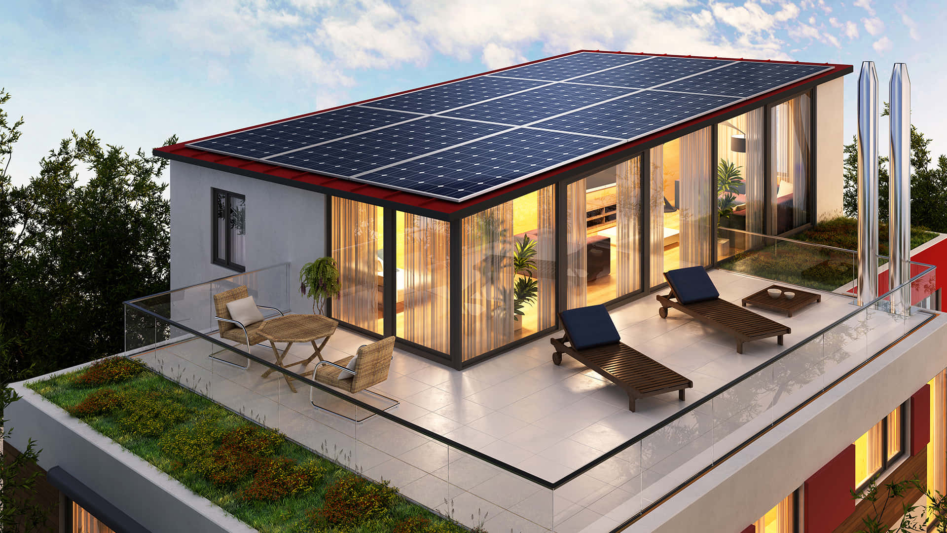 residential solar panels rooftop systems, glass walls, dusk, Full HD Desktop Wallpaper