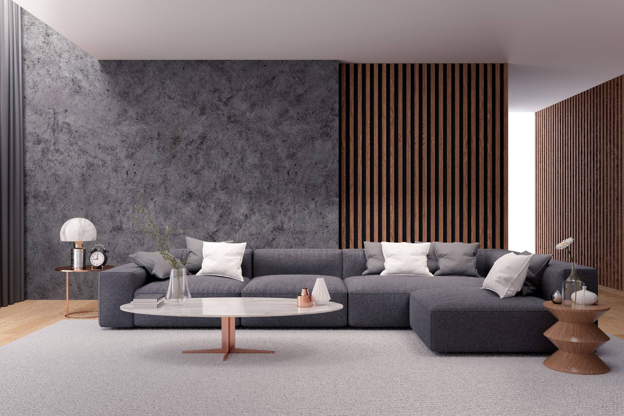 gray sectional sofa, textured gray wall, wooden slat accent wall, Full HD Desktop Wallpaper
