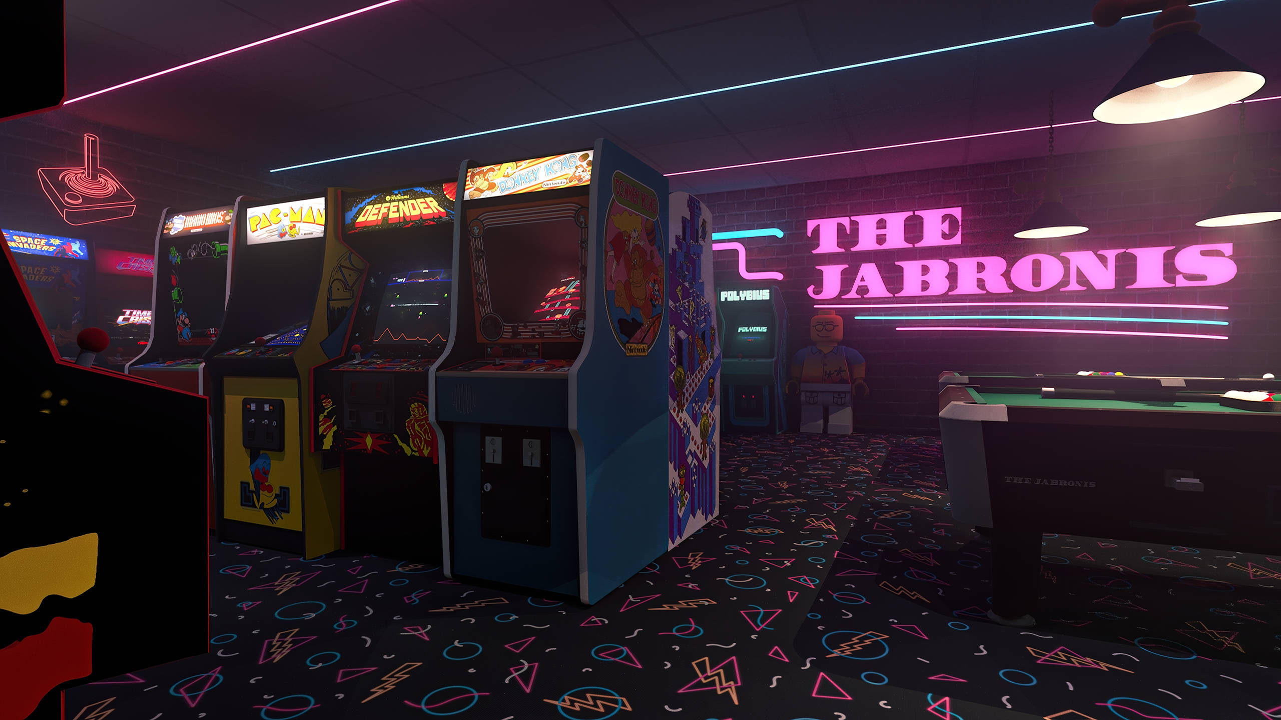 retro arcade room, neon lights, colorful game machines, 2K Desktop Wallpaper