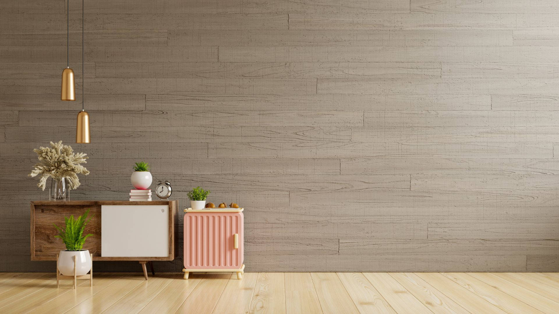 veneer sideboard furniture, wooden floors, gray wood-paneled walls, Full HD Desktop Wallpaper