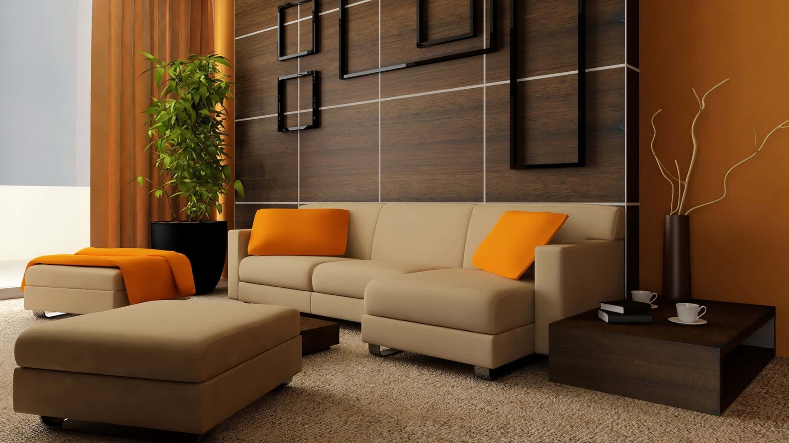 brown couch, geometry walls, modern beige sectional sofa, 2K Desktop Wallpaper