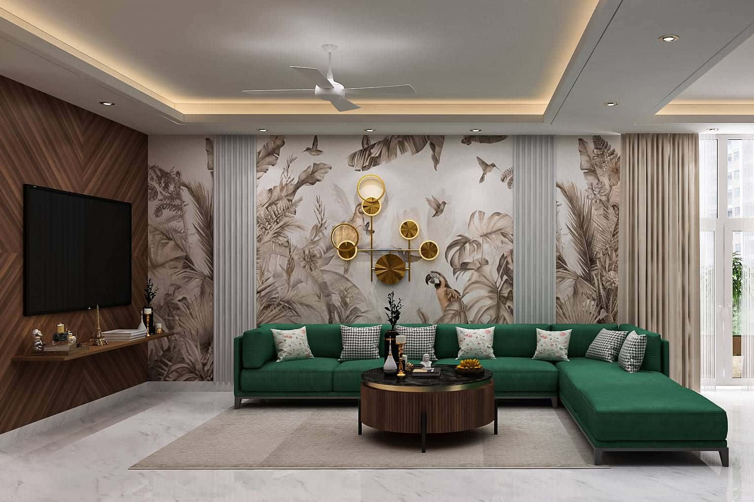 emerald green sectional sofa, tropical wallpaper, gold wall art, HD Desktop Wallpaper