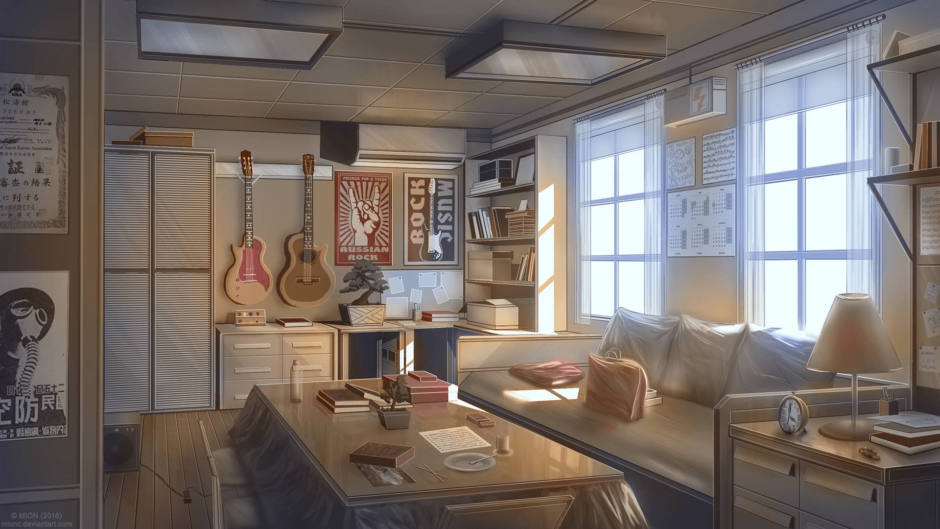 anime living room, sunlight, windows, Full HD Desktop Wallpaper