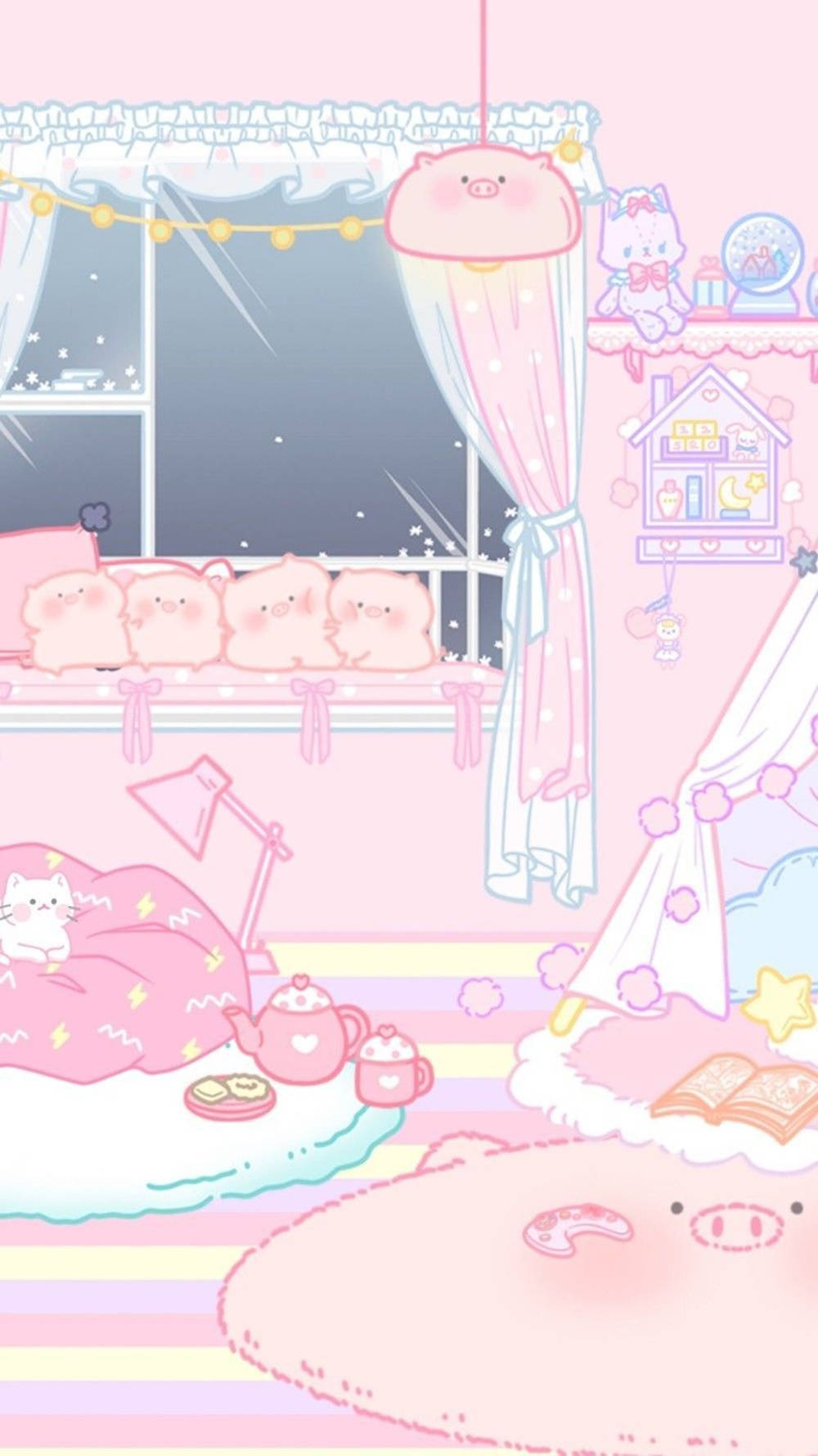 pastel pink, cartoon room, cute pig characters, HD Phone Wallpaper