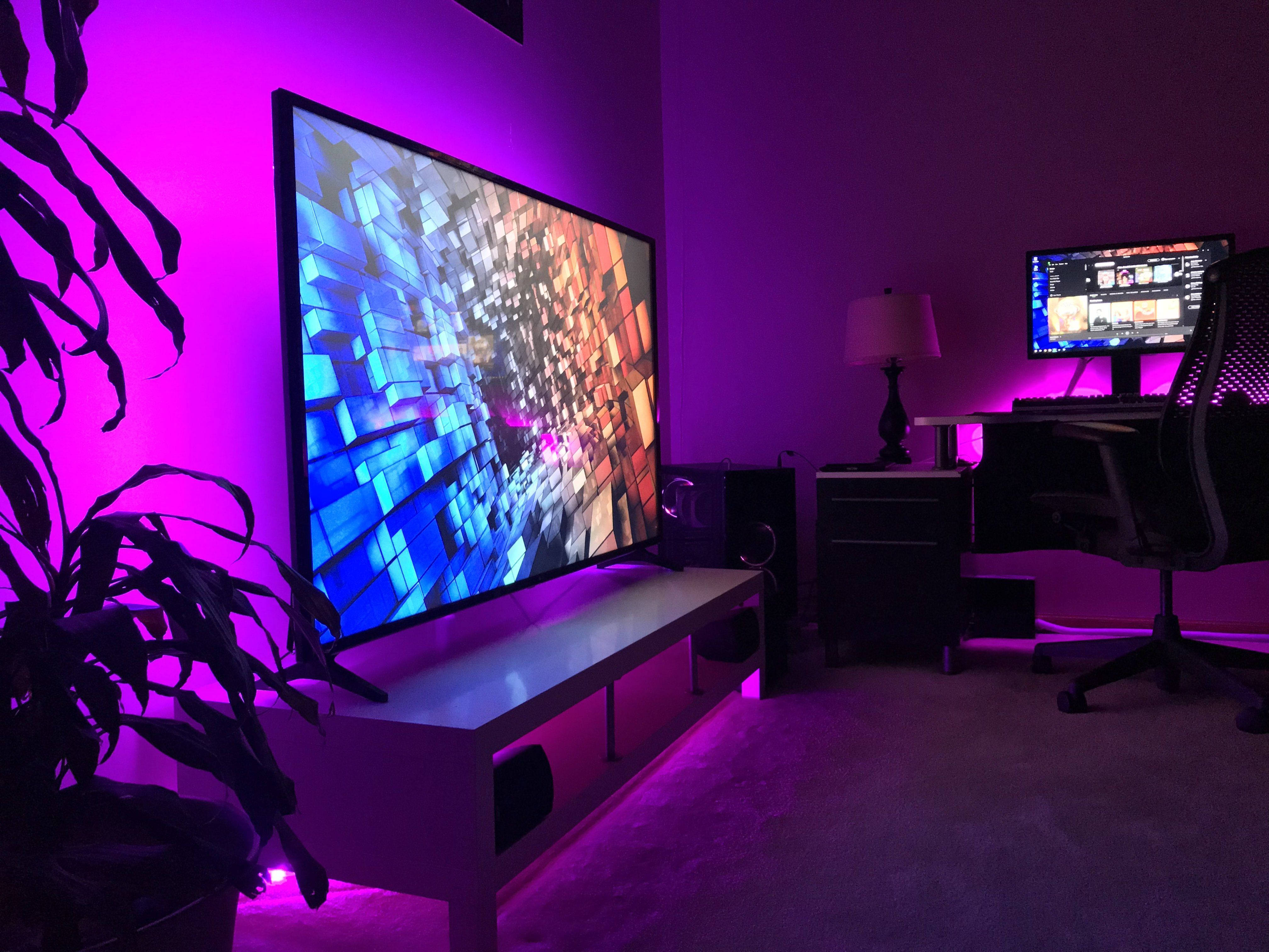 neon room, purple ambient light, large TV, 4K Desktop Wallpaper
