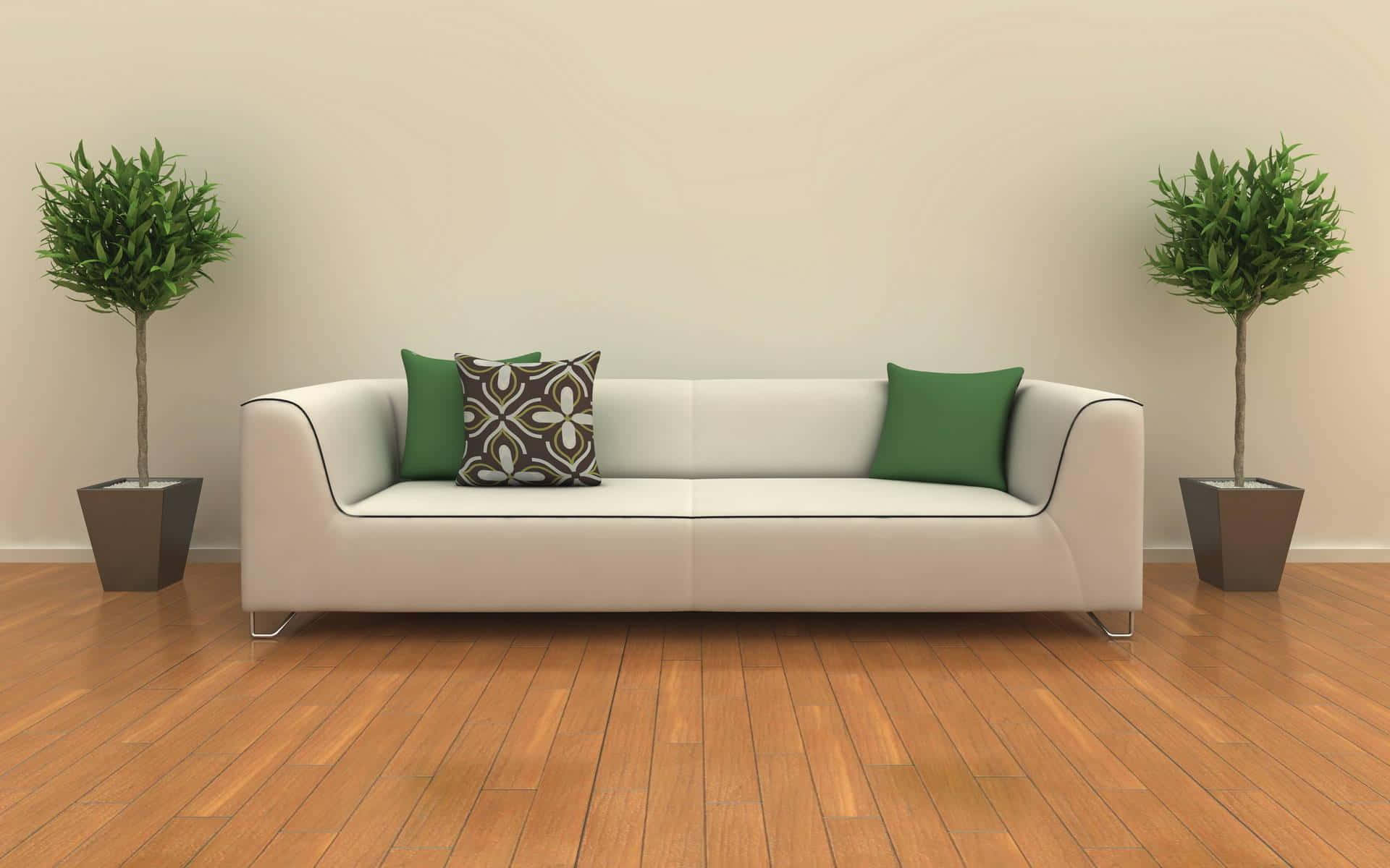 sleek white elongated couch, modern white sofa, green and patterned pillows, Full HD Desktop Wallpaper