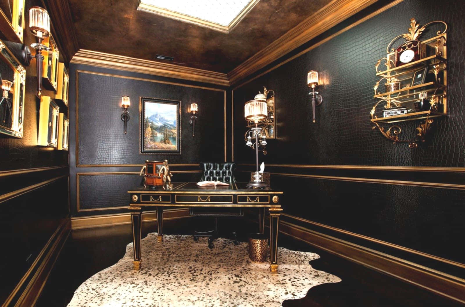 home office, black aesthetic, ornate furniture, HD Desktop Wallpaper