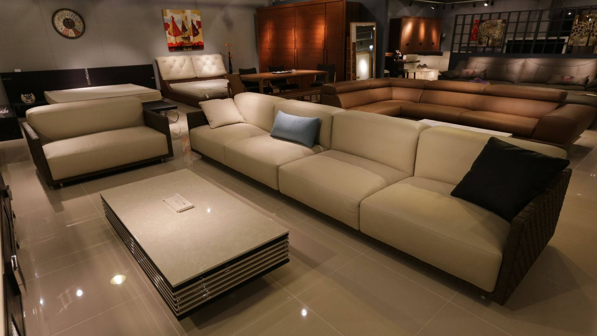 contemporary modern furniture design, beige and brown sofas, black cushions, Full HD Desktop Wallpaper