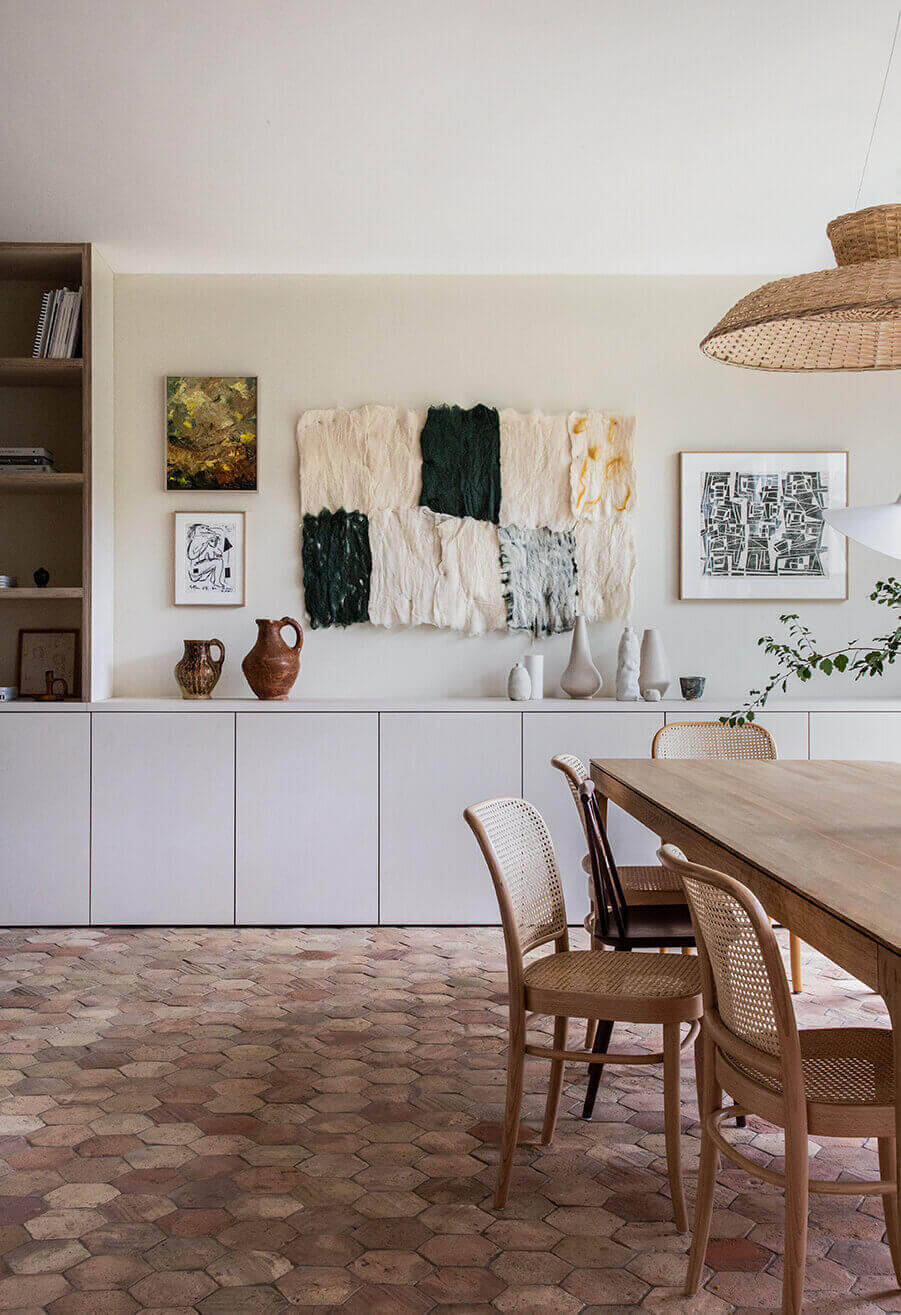 dining room, hexagonal terracotta floor tiles, wooden table, HD Phone Wallpaper