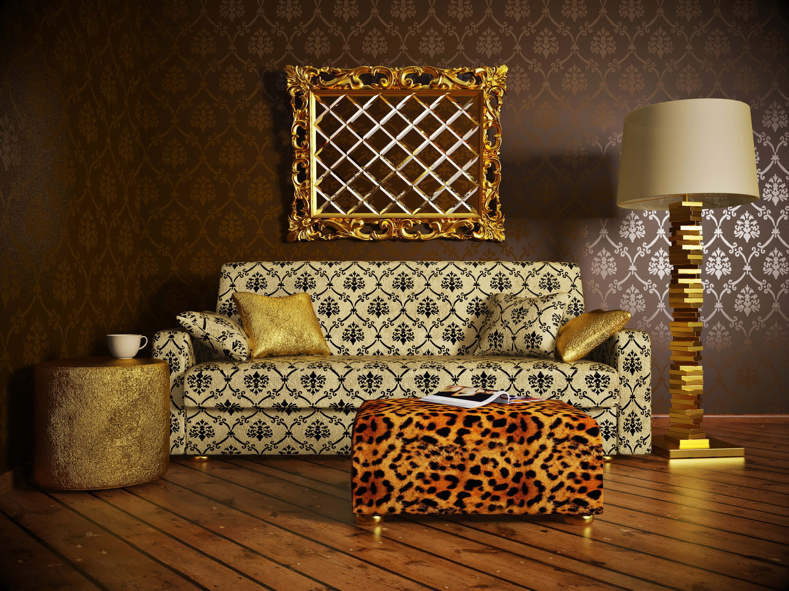 damask wallpaper, gold-framed mirror, leopard print ottoman, 2K Desktop Wallpaper
