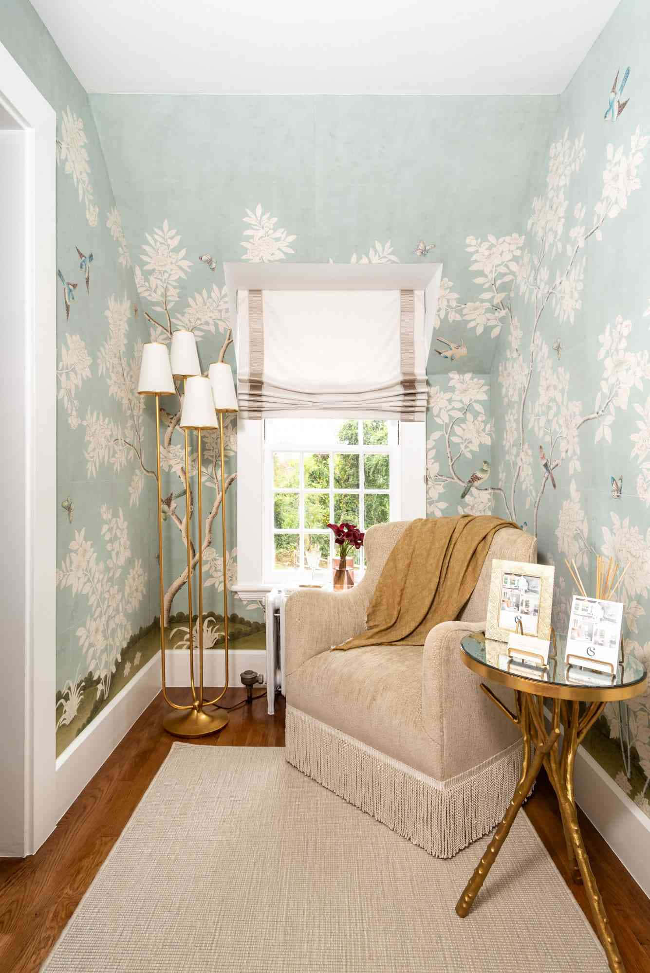 beige armchair, gold lamp, window, Full HD Phone Wallpaper