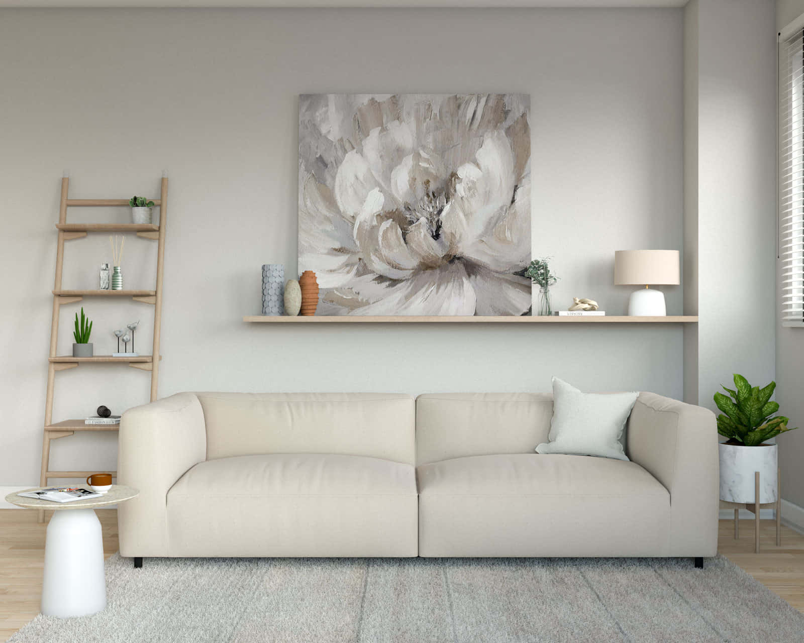 beige couch, white room, abstract floral painting, HD Desktop Wallpaper