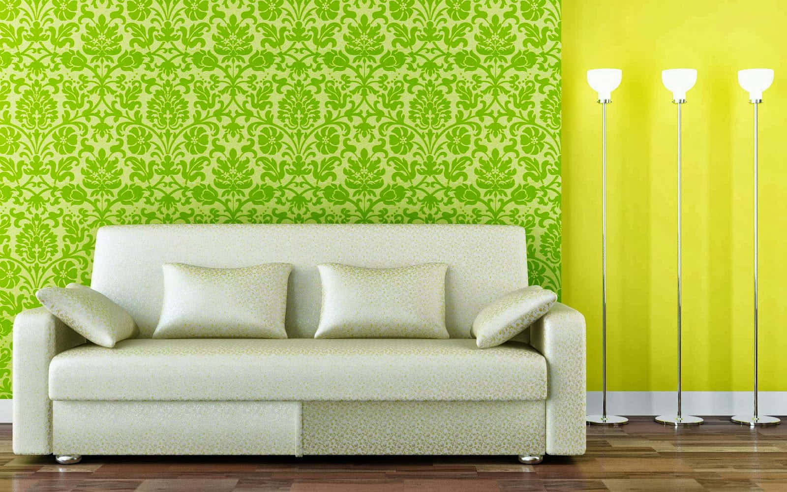 white sofa, patterned cushions, vibrant green damask wallpaper, HD Desktop Wallpaper