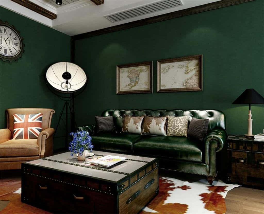 black leather couch, green living room, deep green walls, SD Desktop Wallpaper