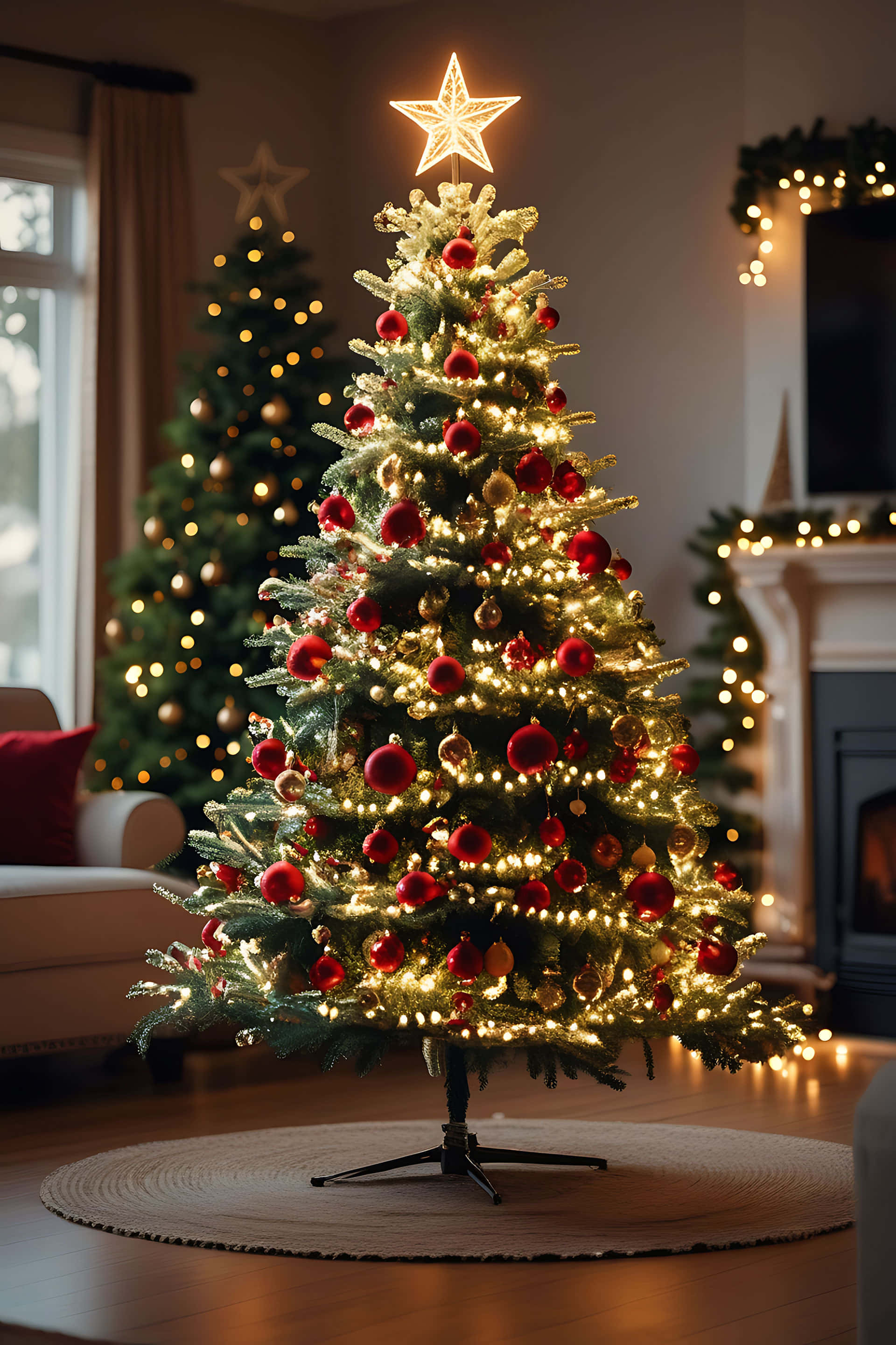 cozy living room, Christmas tree, red ornaments, 2K Phone Wallpaper