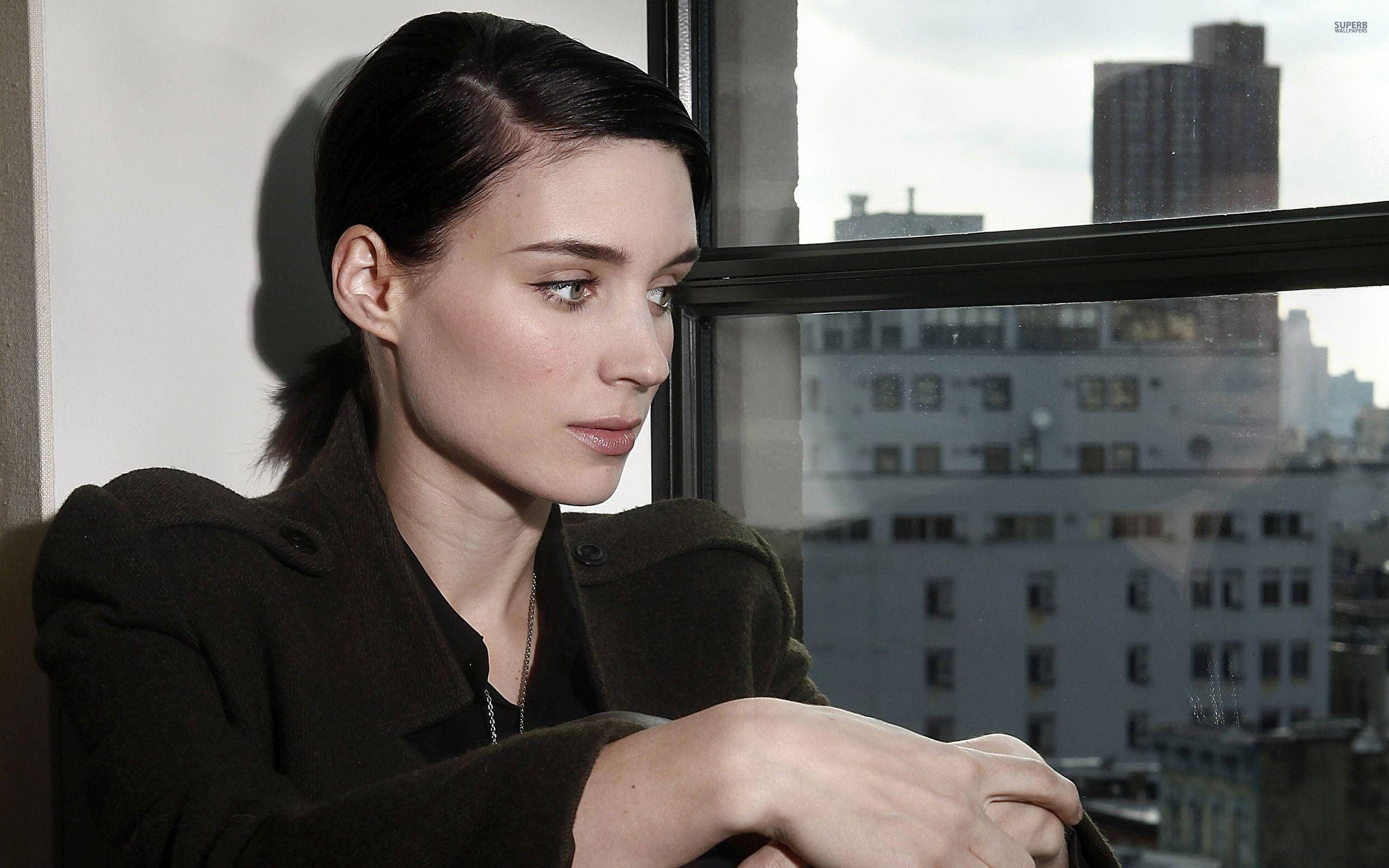 Rooney Mara, dark coat, window, 2K Desktop Wallpaper