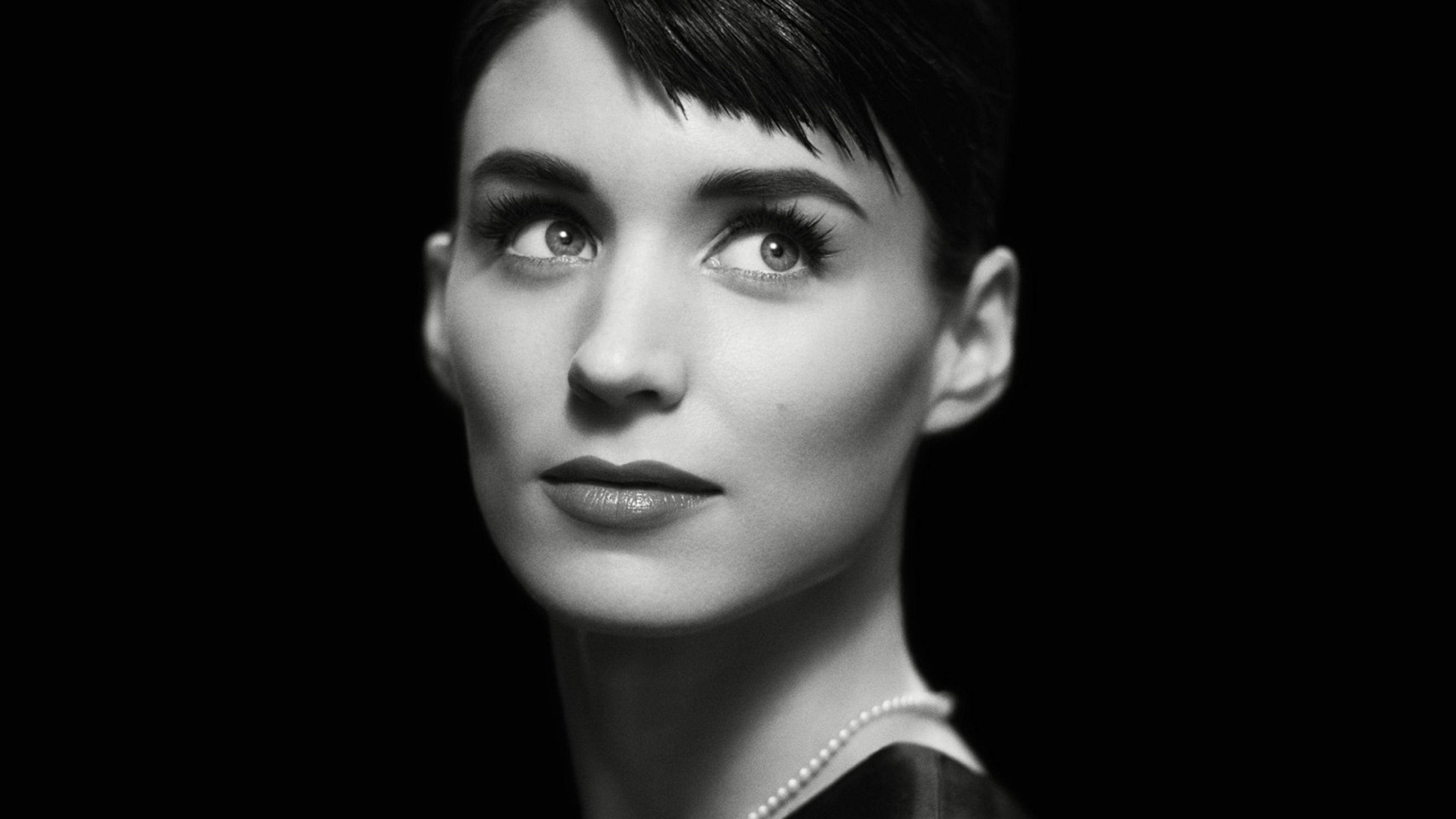 Rooney Mara, black and white portrait, short dark hair, 4K Desktop Wallpaper
