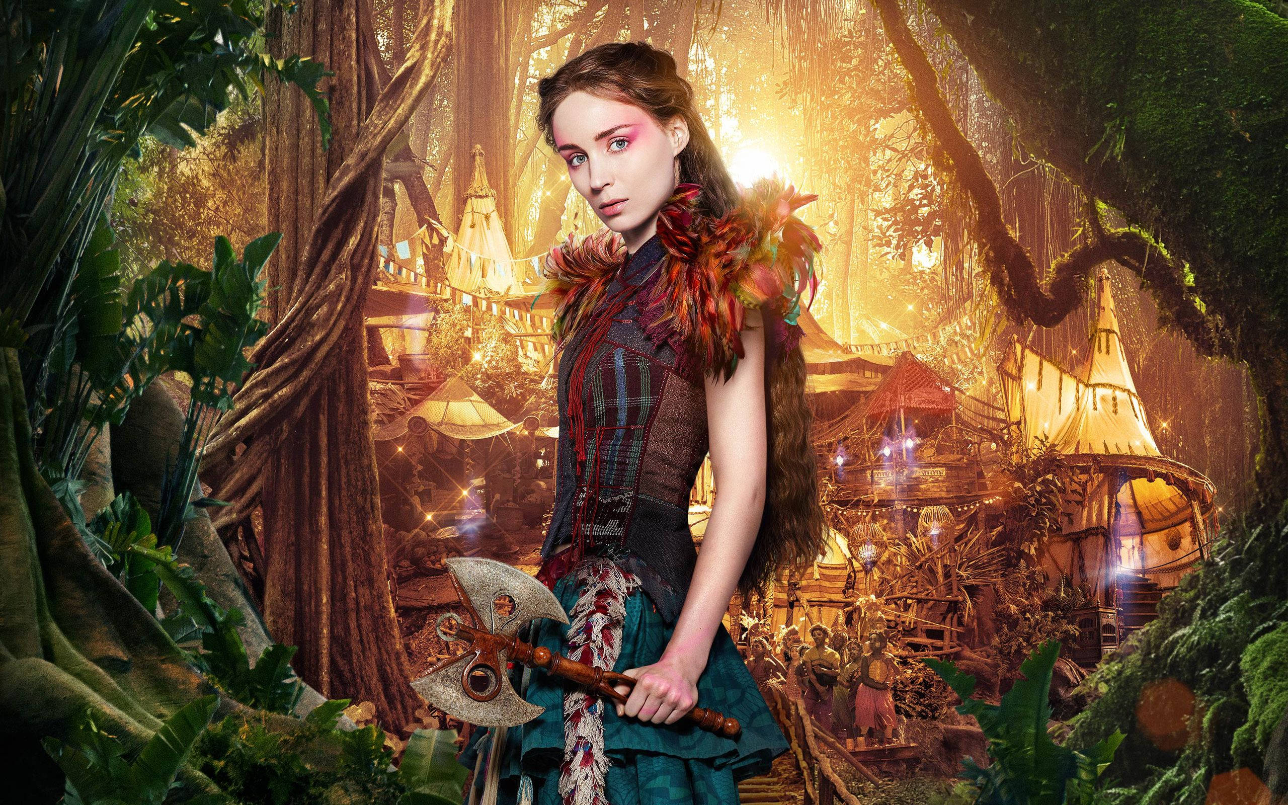 Rooney Mara, jungle-themed outfit, glowing enchanted forest village, 2K Desktop Wallpaper