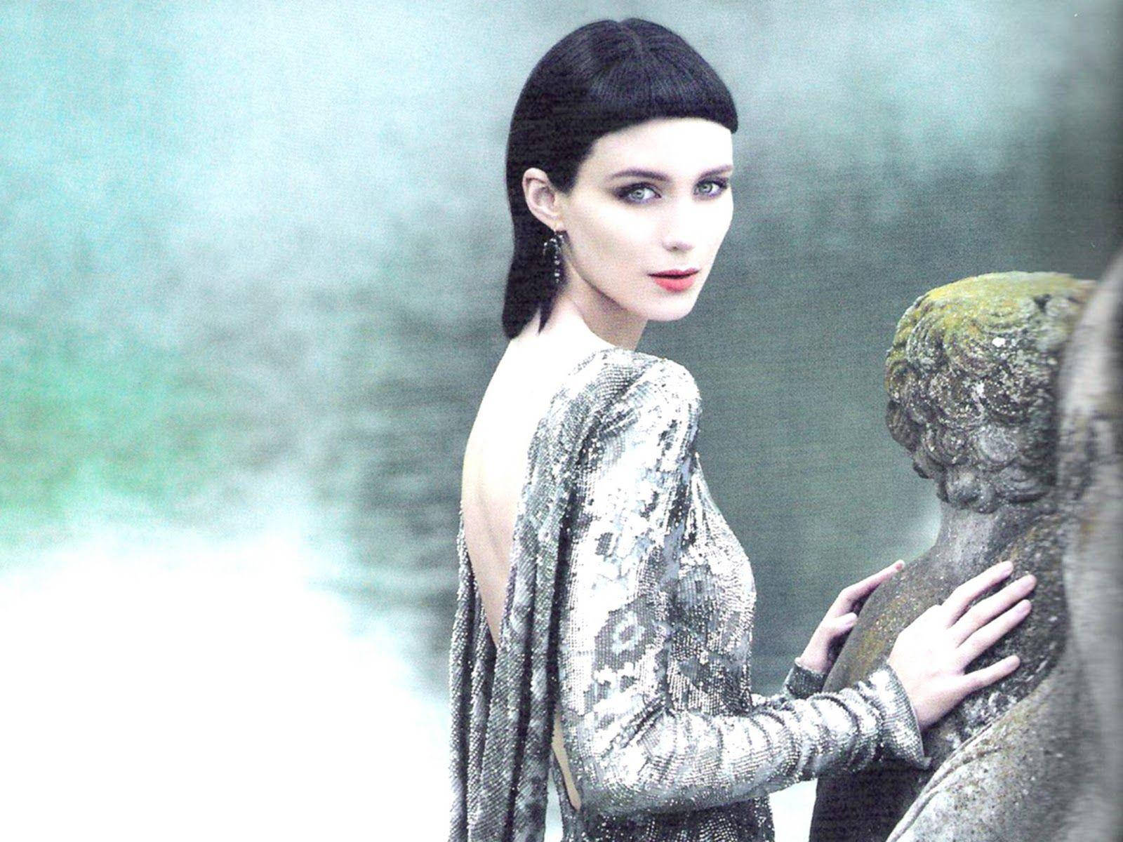 Rooney Mara, shimmering silver gown, mossy stone statue, HD Desktop Wallpaper