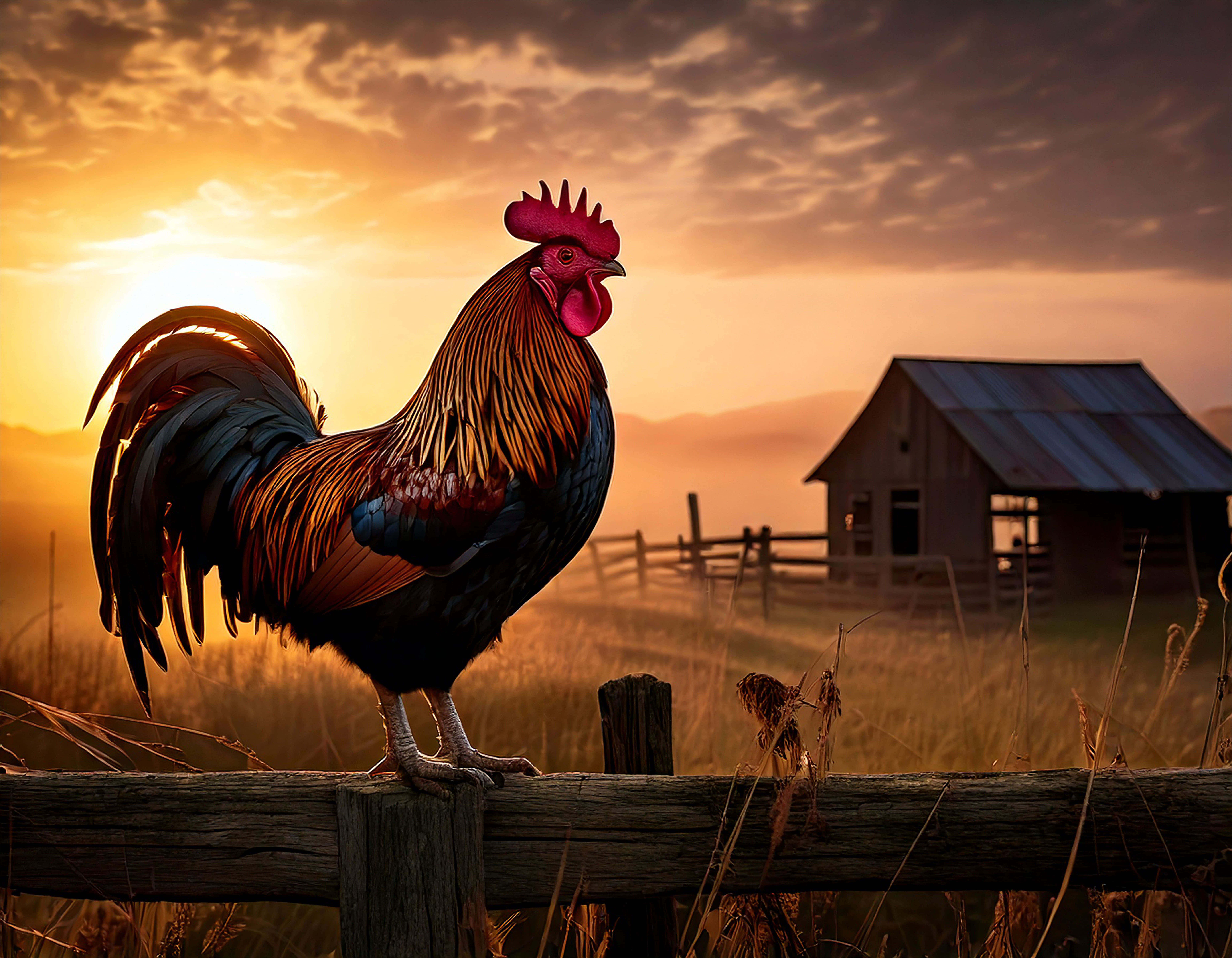 rooster, barn fence, golden sunrise, 8K Desktop Wallpaper