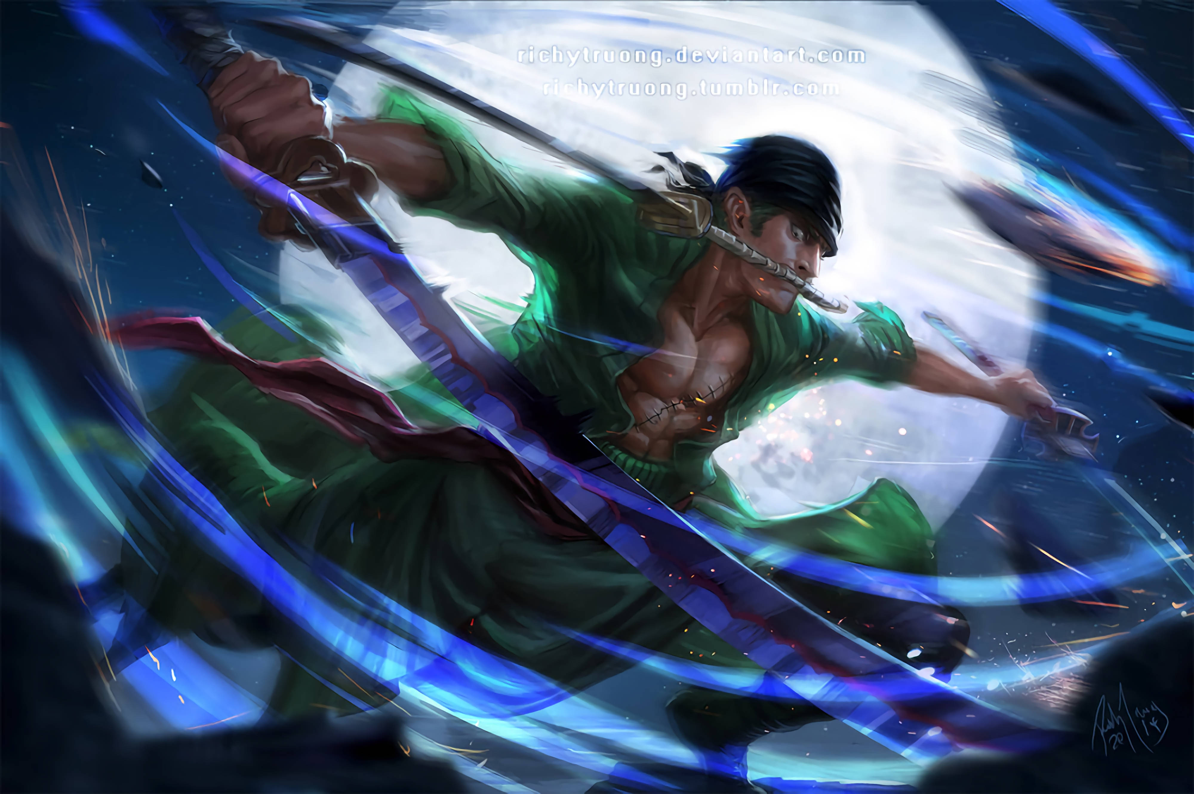 Roronoa Zoro, three swords, green robes, 4K Desktop Wallpaper